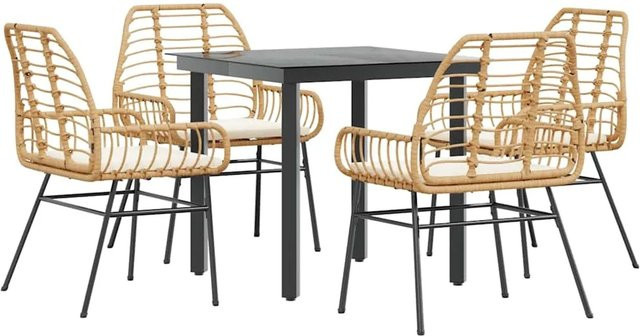 vidaXL 5-teilige Garten-Essgruppe aus Poly Rattan mit Kissen und Glastisch in Braun - Bild 1