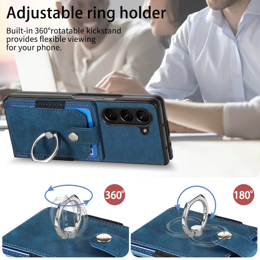 Retro Kunstleder Handyhülle mit Geldbörsenfunktion und Ringhalter für Samsung Galaxy Z Fold 7 6 5 4 3 5G in Blau - Bild 2