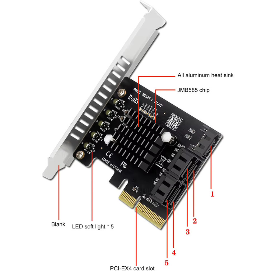 VODOOL PCIe zu 5-Port SATA 3.0 Erweiterungskarte mit Trim-Unterstützung und RAID-Controller in Schwarz - Bild 4
