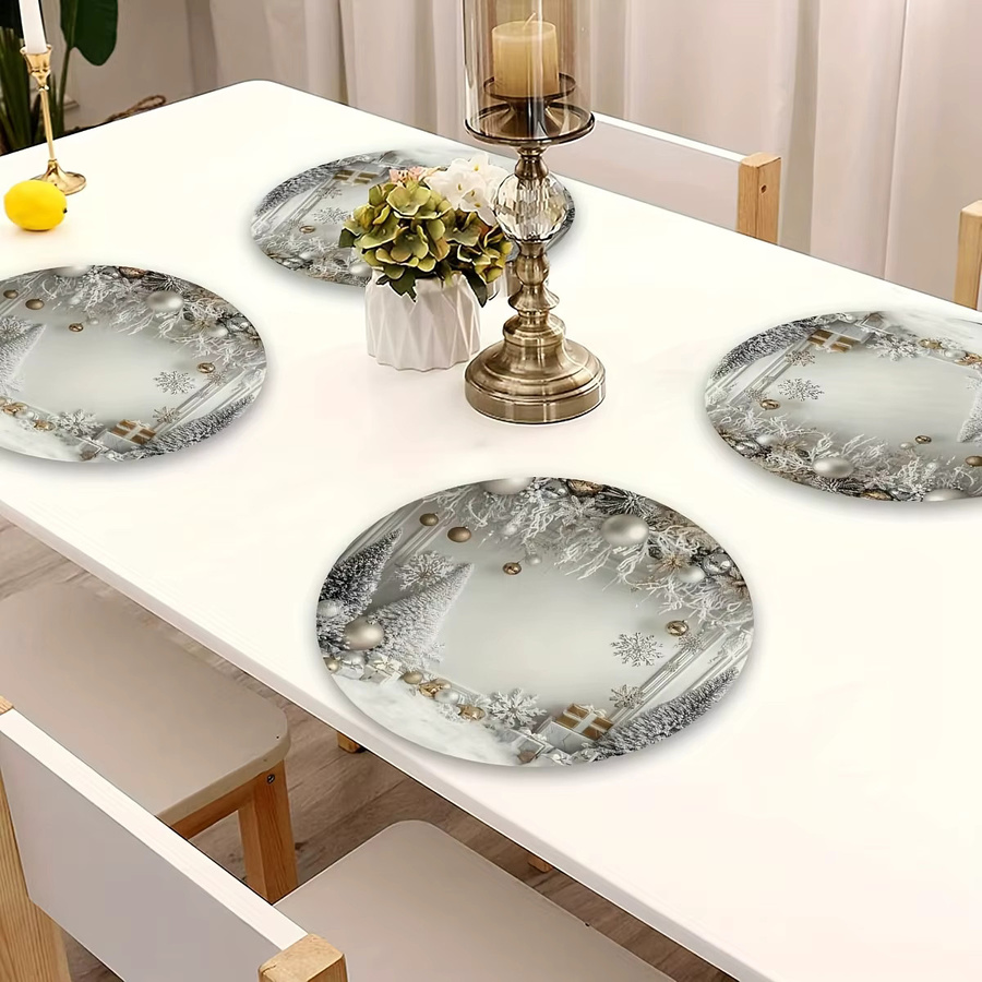 VIKAMA 4er Set Weihnachts Tischsets aus Leinen in Gold mit Schneeflocken und Kiefernzweigen, Durchmesser: 38 cm - Bild 3