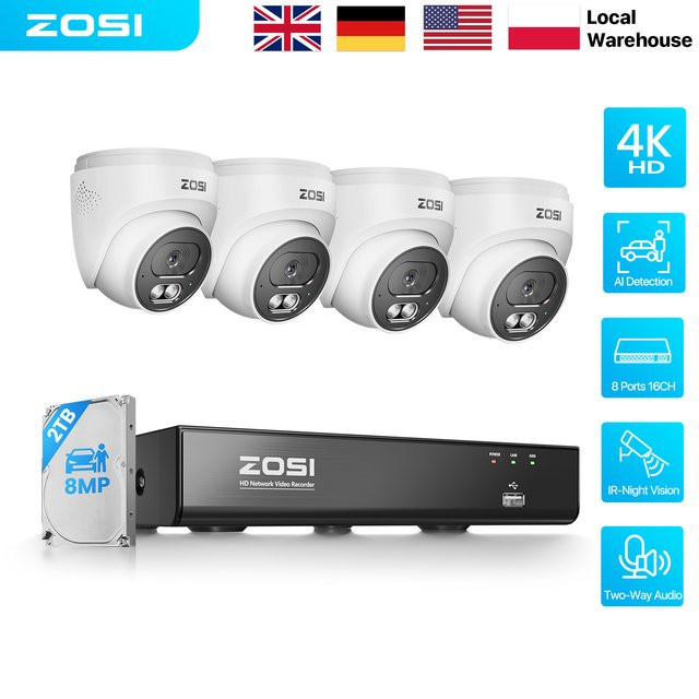 ZOSI 4K PoE CCTV Sicherheitskamerasystem C220 mit 8MP IP-Kameras für Innen und Außen, 2-Wege-Audio, 8CH NVR (16CH erweiterbar), Farbe: Weiß - Bild 1