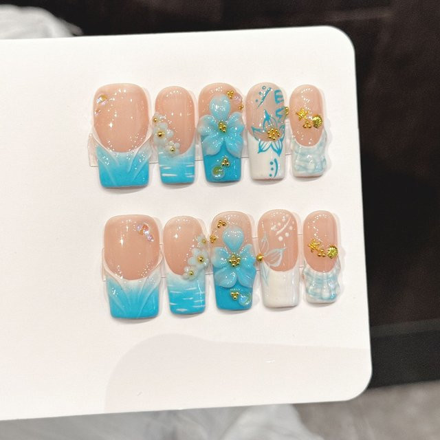 YADORNOS Press-On Nägel, Ozeanblau, 3D-Blumen, Goldperlen, Glänzend - Bild 1