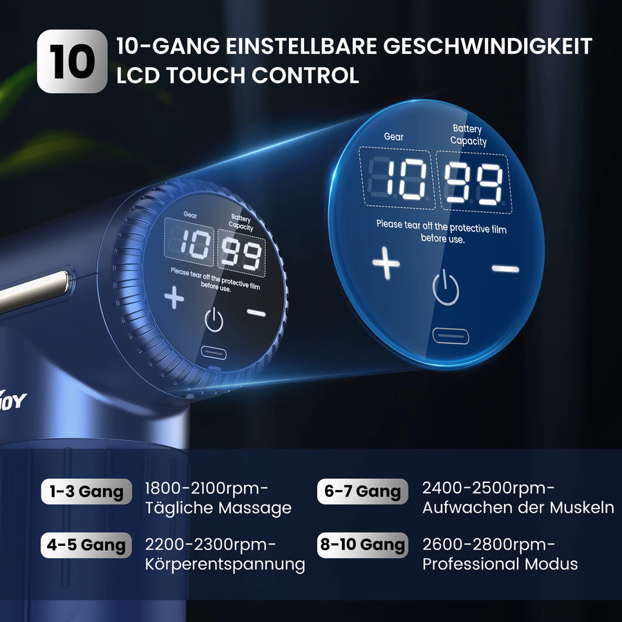 Sejoy Tragbare Faszienpistole Vibrationsmassagegerät in Blau mit 10 Geschwindigkeiten und 6 Massageköpfen zur tiefen Muskelentspannung für Körper, Nacken und Rücken - Bild 2
