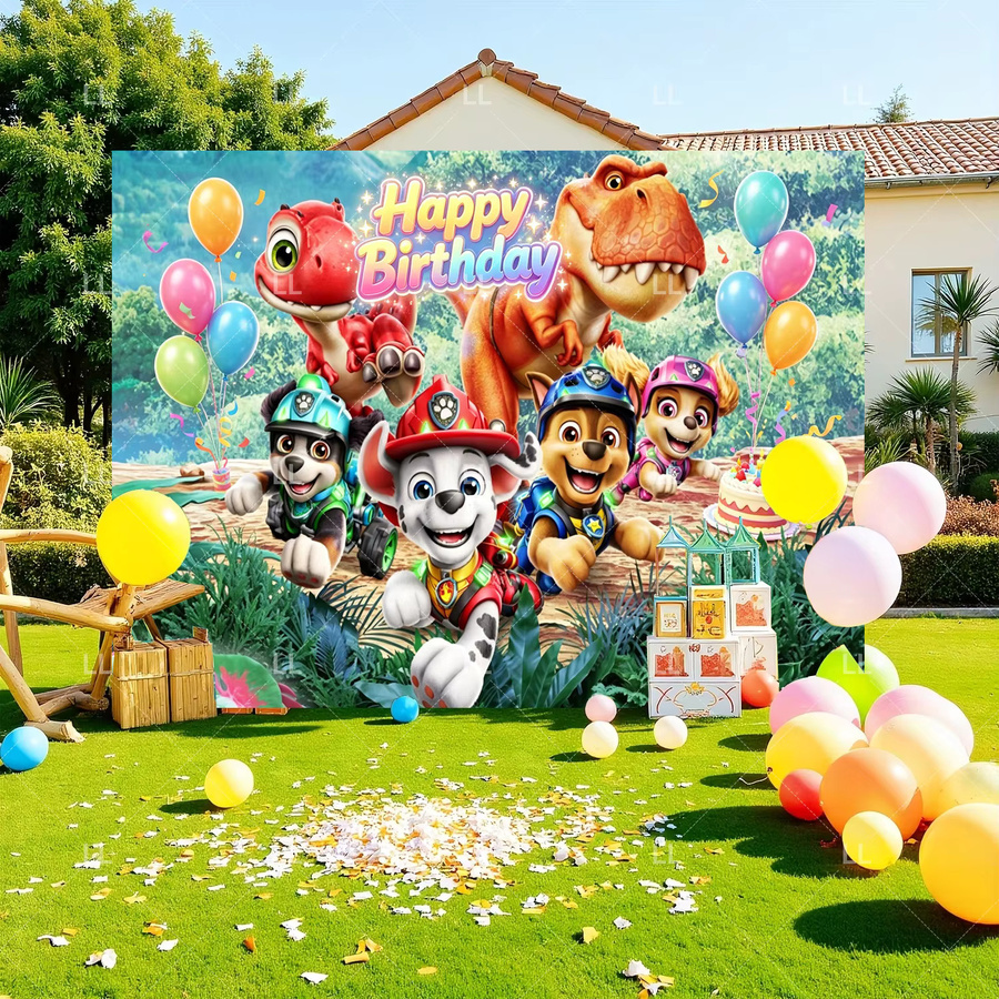 Paw Patrol Brave Dinosaur Island Fotohintergrund für Kindergeburtstage, mehrfarbige Partydekoration mit Welpenmotiven, Breite: 90 cm - Bild 3