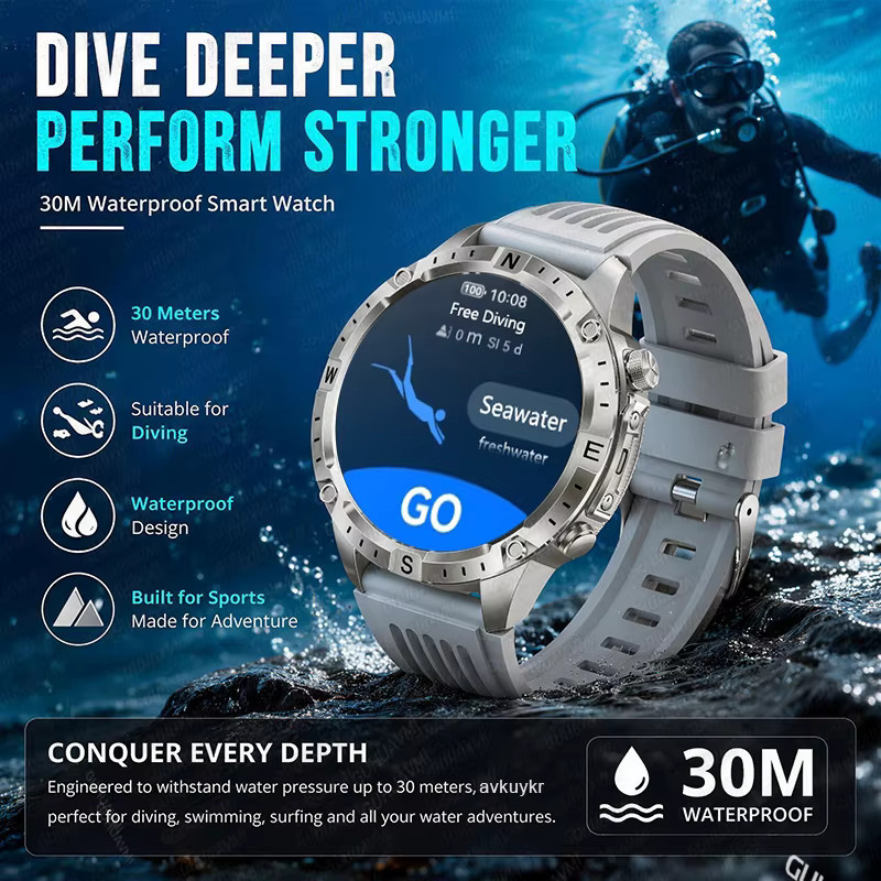 GUHUAVMI Outdoor-Leader Smartwatch für Herren in Schwarz mit 1,43 Zoll AMOLED HD, GPS, Bluetooth-Anruffunktion, Kompass und Taschenlampe, 3ATM wasserdicht - Bild 3