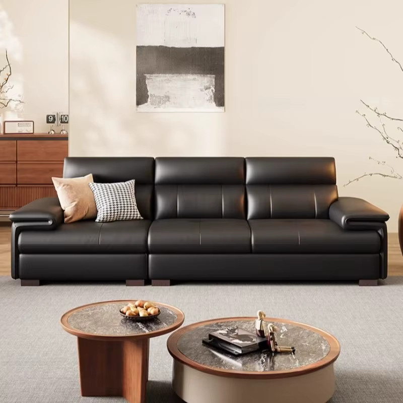 Minimalistisches Sofa aus echtem Leder in Schwarz mit passendem Ottoman für dein Wohnzimmer - Bild 2