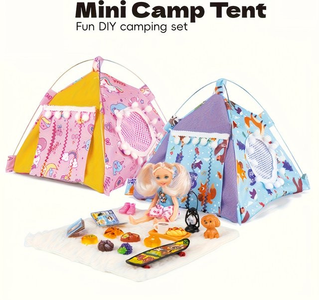KIEKA Camping Zelt Set für 5-Zoll Puppen in Blau und Bunt/Mehrfarbig mit Zubehör und Mini Teppich - Bild 1