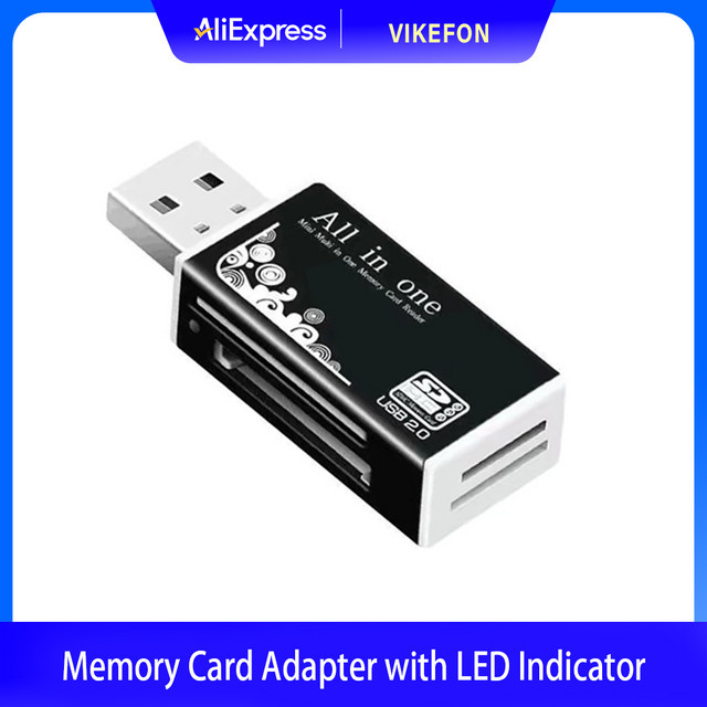 VIKEFON USB 2.0 Kartenleser mit 4 Anschlüssen für Micro SD, TF, M2, MS Pro Duo, MMC und SDHC in Schwarz mit LED-Anzeige - Bild 1