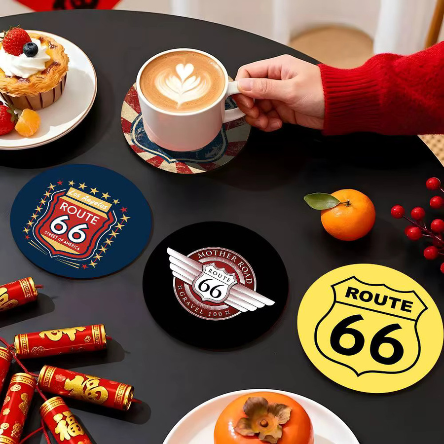 Rundes Holzuntersetzer Set mit US Route 66 Anime Motiv in Mehrfarbig - Bild 2