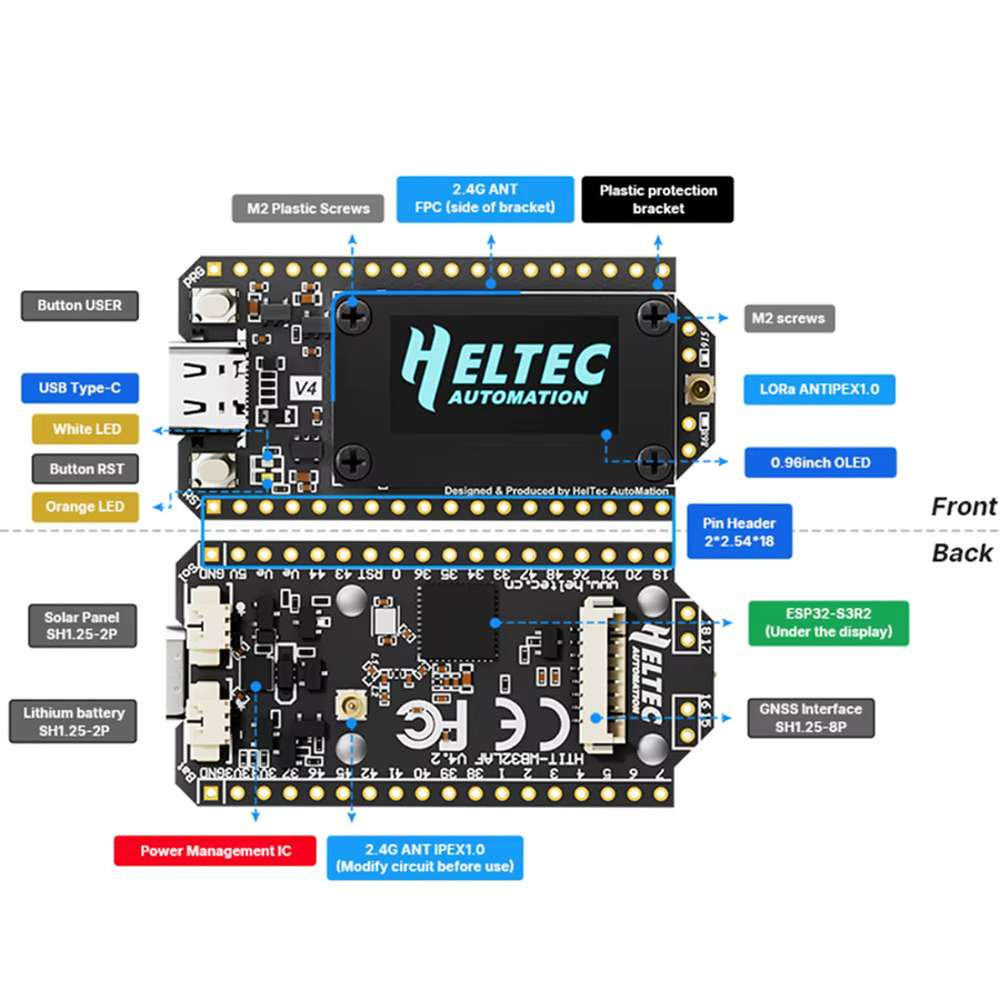 Diymore LoRa 32V4 Meshtastic Dev-Board mit ESP32, SX1262, GPS und 0,96 Zoll OLED Display, Solar Powered, WiFi, Bluetooth und BLE, Schwarz - Bild 4
