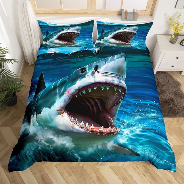 Binchi Outdoor Product Hai-Bettwäsche-Set mit Cartoon-Hai-Motiv in Blau-Weiß, B/H: 140 x 210 cm - Bild 1