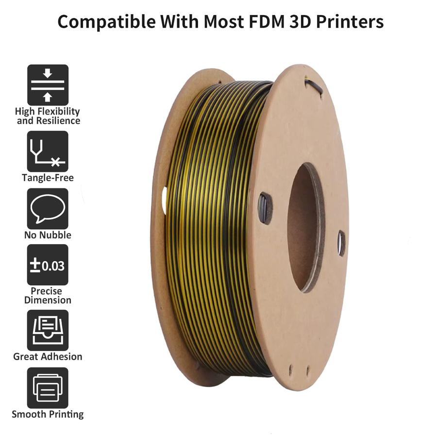 BING3D Seiden-PLA 3D-Drucker-Filament 1,75mm Zweifarbig Schwarz-Gold 250g für FDM-Drucker - Bild 2