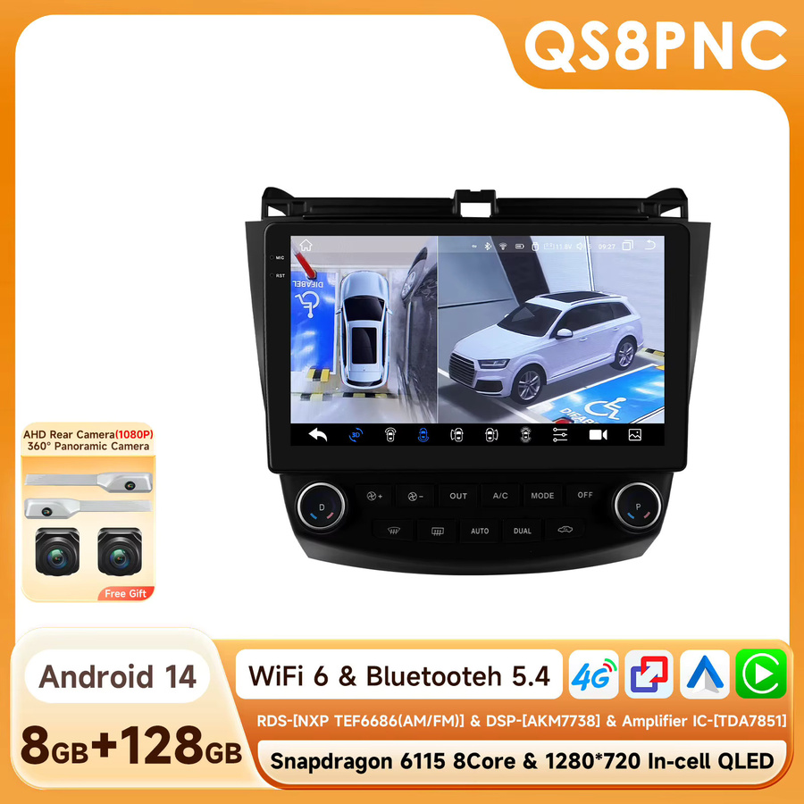 OSSURET 2 DIN Autoradio mit Android 14 für Honda Accord 7 (2003-2007), inklusive 360 Grad Panoramakamera, CANBUS, kabelloses Carplay, Android Auto, DSP Audio, 4G-LTE und WLAN, Farbe: Schwarz - Bild 7