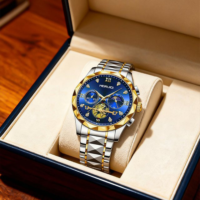 MEIRUIQI Armbanduhr, Quarz, Edelstahl, Goldblau, Herren - Bild 1