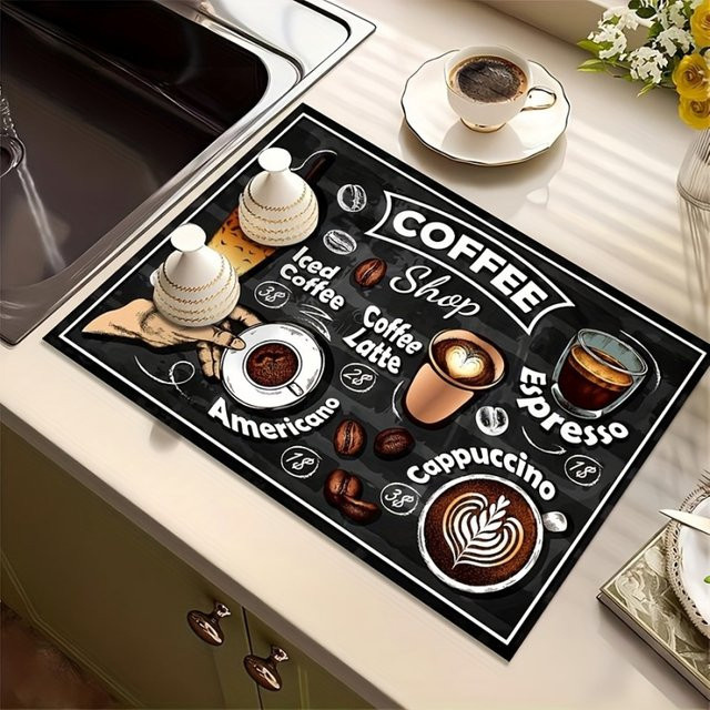 VIKAMA Retro-Küchenmatte mit Menü-Motiv für die Kaffeemaschine, rutschfest und schnelltrocknend, Mehrfarbig, B: 30,0 cm, T: 20,0 cm, H: 1,0 cm - Bild 1