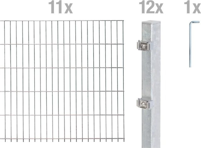 Metallzaun Grund-Set Doppelstabmatte aus Stahl, feuerverzinkt, Farbe: Silber, Höhe: 80 cm, Breite: 200 cm, für Erdbodenmontage - Bild 1