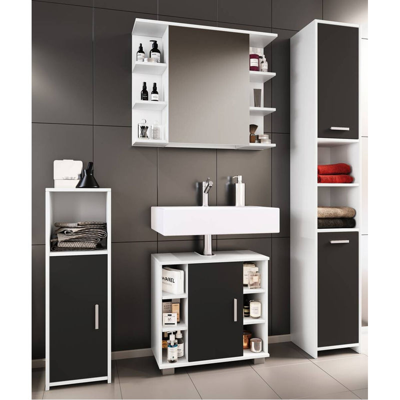 VCM Badmöbelset Zalo II in Weiß und Schwarz, 4-teiliges Badezimmer-Set bestehend aus Unterschrank, Midischrank, Hochschrank und Spiegelschrank, B/H/T: 140 x 180 x 30 cm - Bild 3