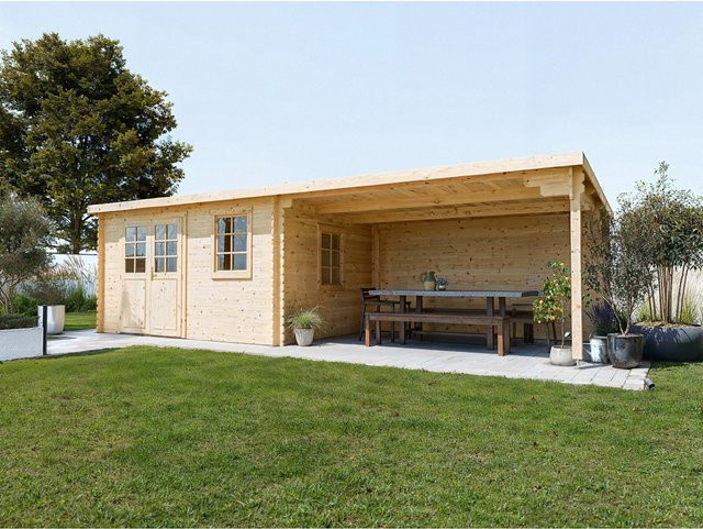 Woodtex Gartenhaus Blockbohlenhaus CA2988 Naturbelassen mit 4 m Anbau, Pentdach, Braun/Beige - Bild 1