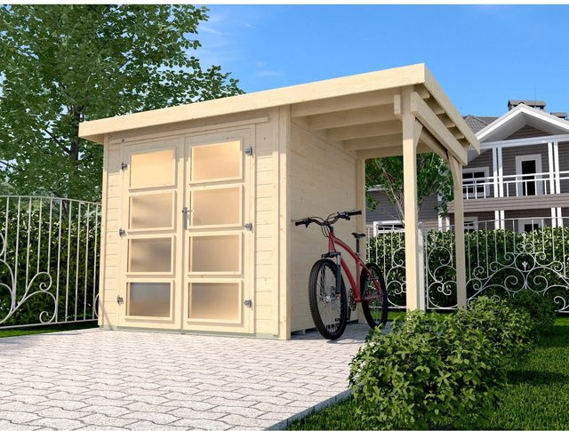 WEKA Gartenhaus 321 A Gr.1 aus europäischer Fichte in Beige mit Flachdach und Vordach B/H/T: 337 x 206 x 237 cm - Bild 1