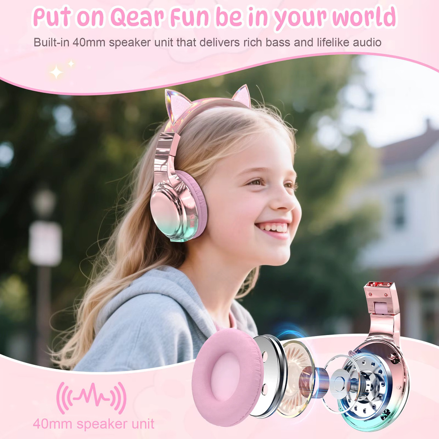 QearFun Bluetooth Katzenohr-Kopfhörer für Kinder und Mädchen mit sicherer Lautstärke, faltbares Headset in Pink oder Purple - Bild 4