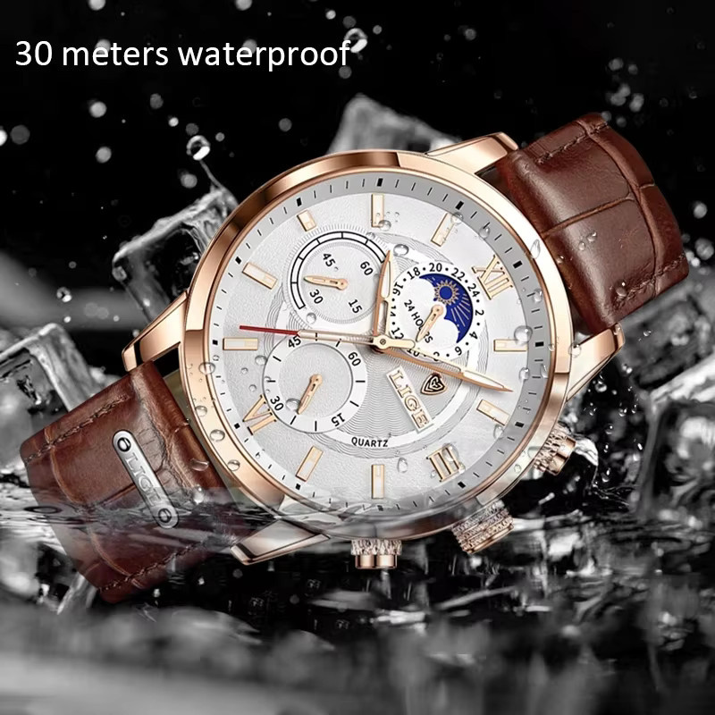 LIGE Chronograph Armbanduhr, Leder, Quarz, Roségold, Herren - Bild 3