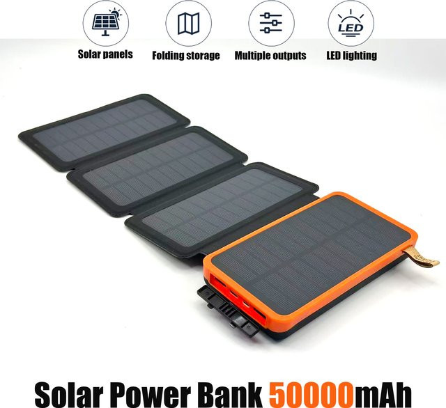 Rscrola Solar Power Bank mit 50000 mAh und faltbaren Solarmodulen, Schwarz, USB-A Ausgang für iPhone und Android, ideal für Camping und Outdoor-Aktivitäten - Bild 1