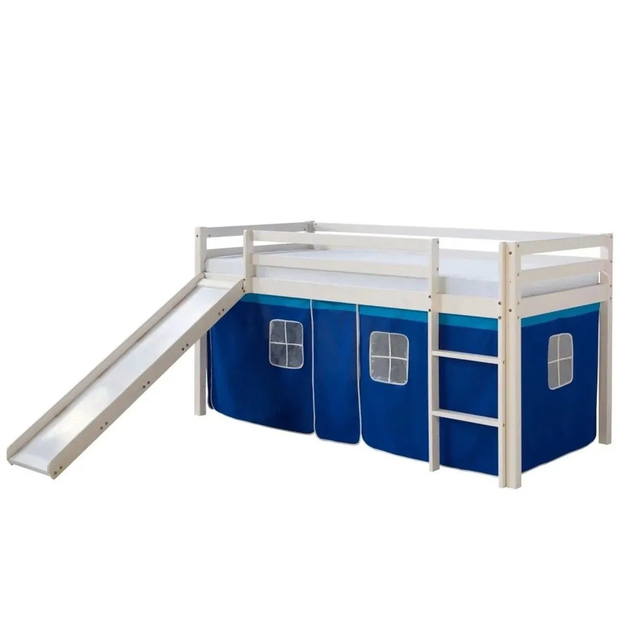 Homestyle4u Hochbett aus Kiefernholz für Kinder in Weiß mit blauem Vorhang, B/T/H: 90 x 200 x 154 cm - Bild 2