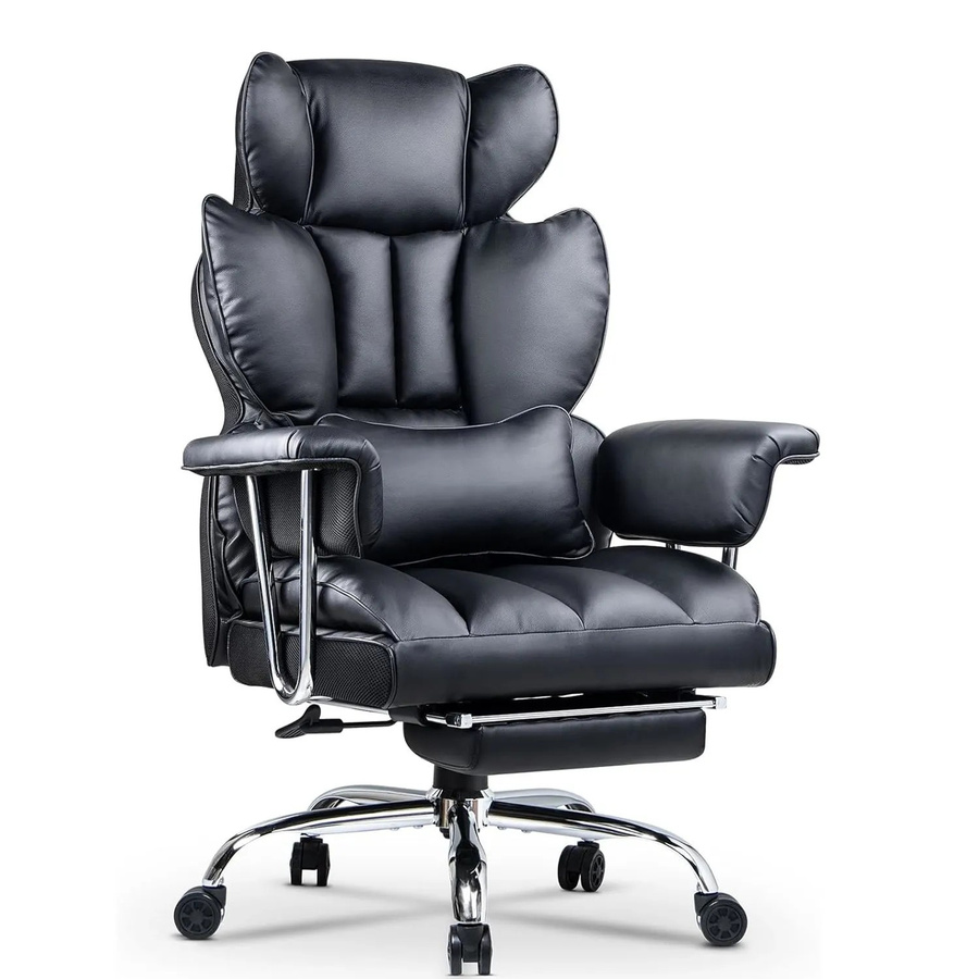 Rattantree Ergonomischer Bürostuhl mit hoher Lehne, Kopfstütze und Fußstütze aus Leder in Schwarz - Bild 2