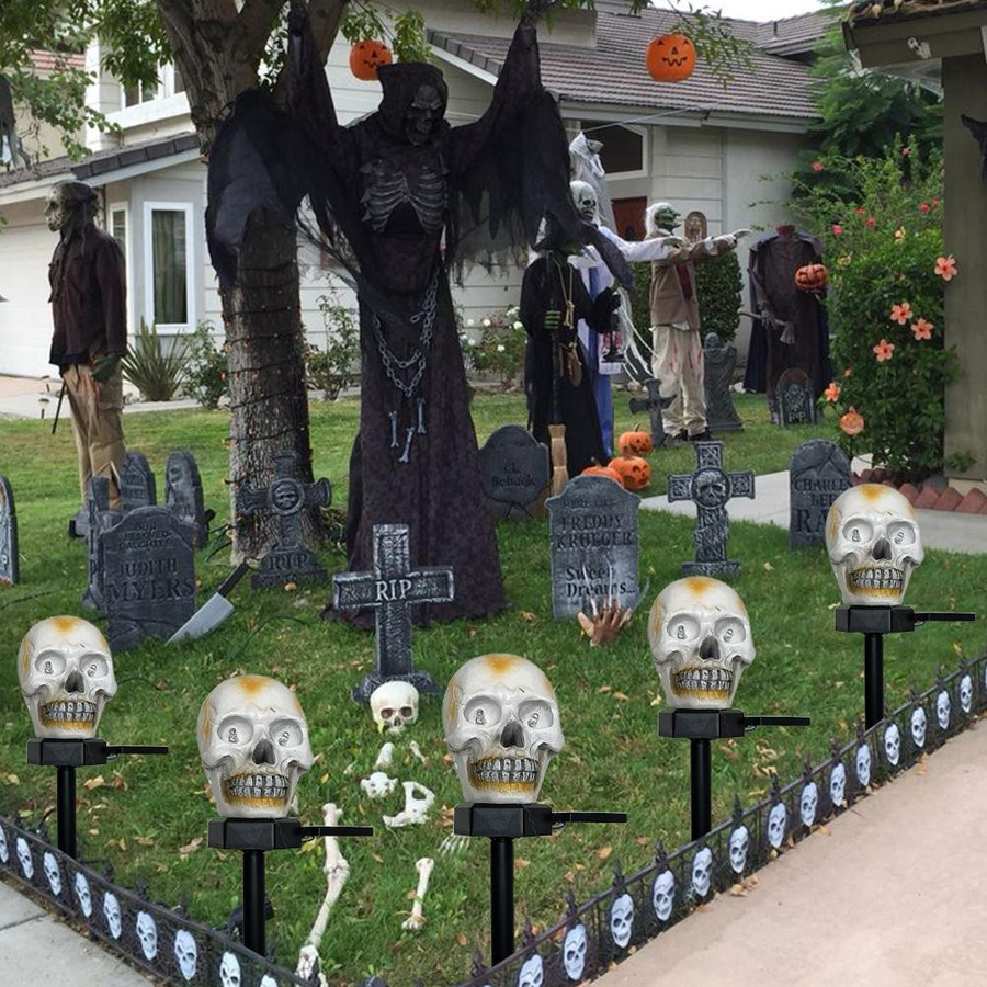 Solar LED Halloween Skelett Dekoration mit leuchtendem Skelettkopf für Außen und Rasen - Bild 4