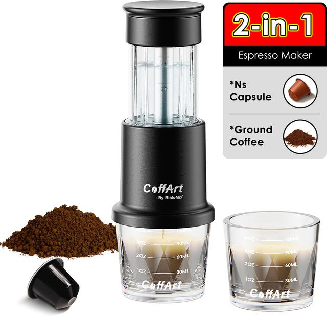 BioloMix 2-in-1 Tragbare Kaffeemaschine in Schwarz für Nespresso Original Kapseln und gemahlenen Kaffee mit Handpresse - Bild 1