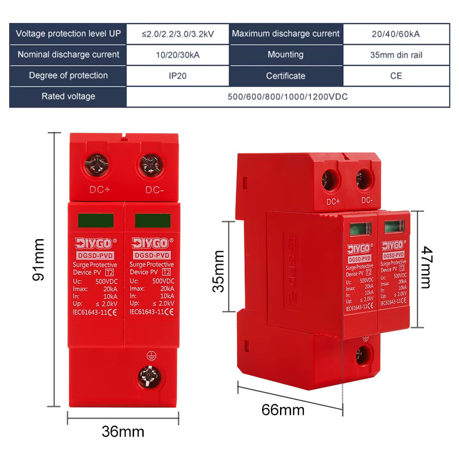 DIY GO DC SPD Überspannungsschutzgerät für PV-Solarsysteme, 2P, Farbe: Rot - Bild 3