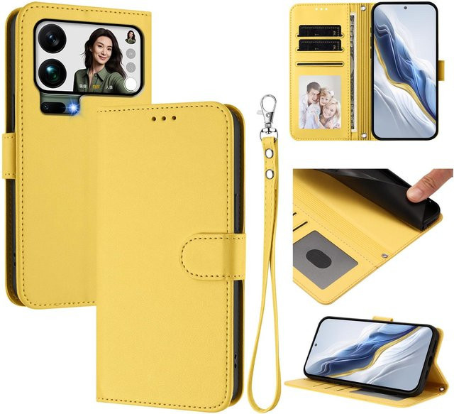 Magnetische Lederhülle für Honor Magic 8 7 6 5 4 Lite und Pro mit Geldbörsen-Funktion und Lanyard in Gelb - Bild 1