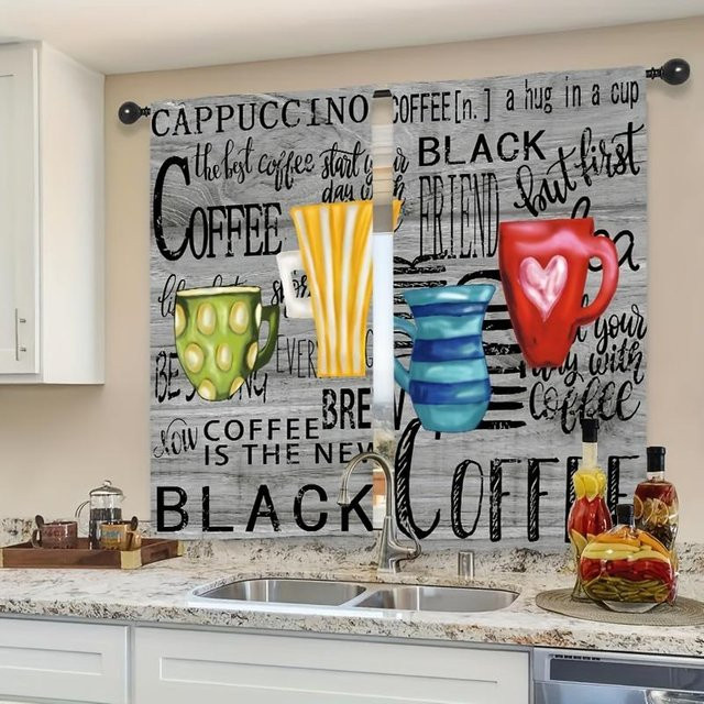 2er-Set lichtfilternde Küchenvorhänge von Yiran Furniture mit 3D-Kaffeeillustration in Schwarz, semi-transparent, B: 70 cm, H: 245 cm - Bild 1