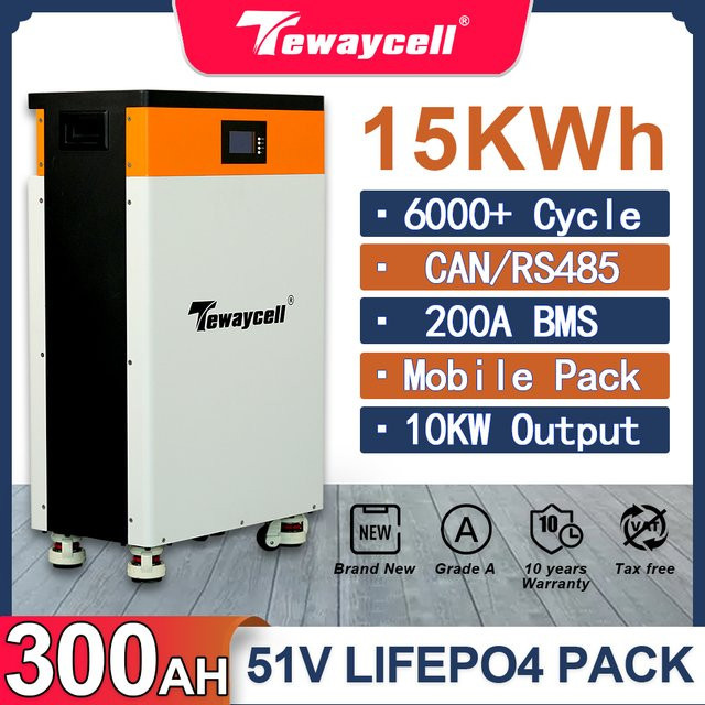 Tewaycell 16kWh LiFePO4 Batteriepack Powerwall 51,2V 300Ah mit integriertem 200A BMS und CAN RS485 APP BT Monitor für Solarenergiesysteme ESS - Bild 1