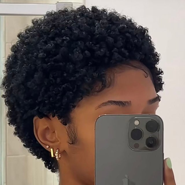 OYM HAIR Pixie-Perücke, schwarz, lockig, Echthaar, Damen - Bild 1