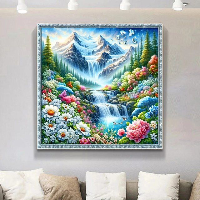 Potdemiel Diamond Painting Set Landschaft mit Wasserfall und Bergmosaik als DIY Kunstwerk mit voll runden Strasssteinen - Bild 1