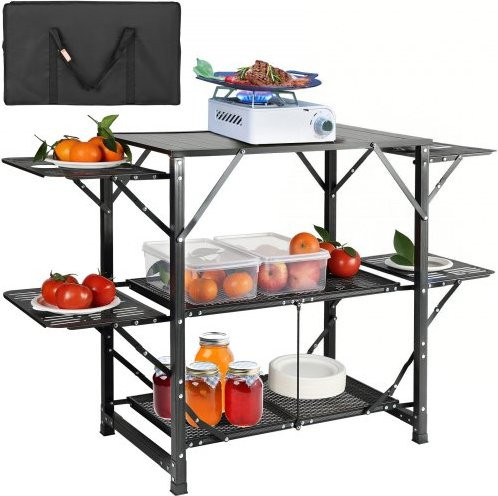 VEVOR Camping-Küchentisch aus Aluminium und Eisen in Schwarz, faltbare Outdoor-Kochstation mit 2 Regalen und Tragetasche, B/T/H: 126 x 81 x 49 cm - Bild 1
