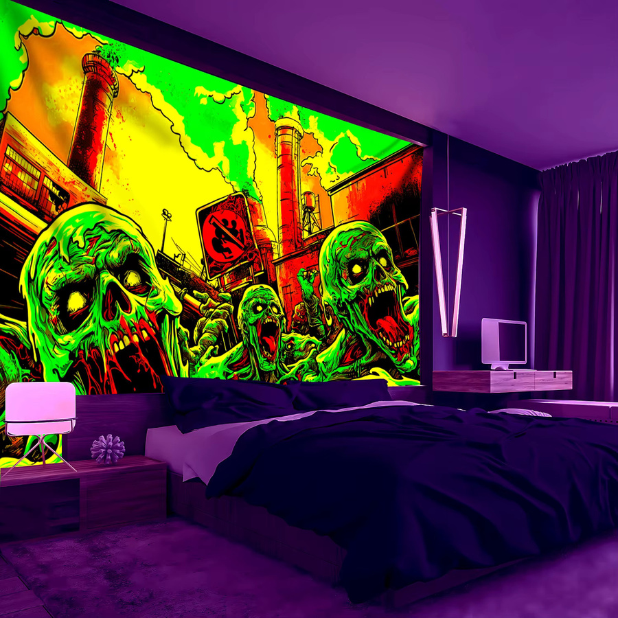 VIKAMA Industrieller Wandteppich mit neongrünem Totenkopf in Rauchfarben, abstrakte Wanddekoration für Wohnzimmer und Sofa, B/H: 60 x 40 cm - Bild 3