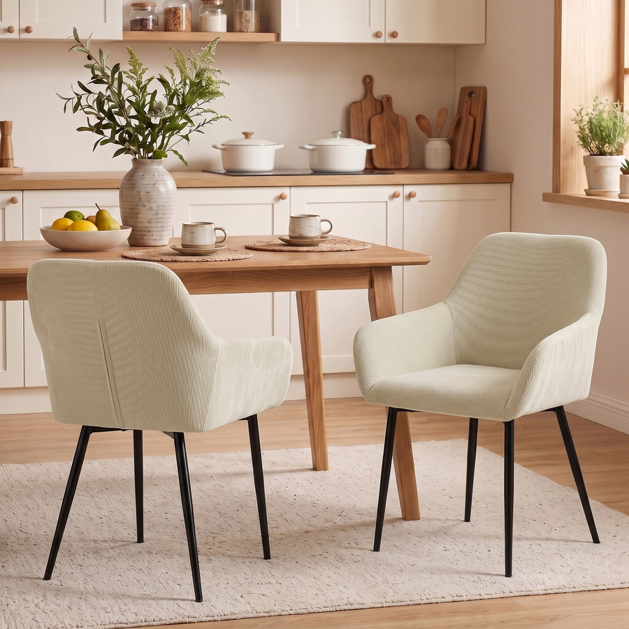 HOMCOM 2er-Set Esszimmerstühle in Cremeweiß mit Cord-Optik, gepolsterte Küchenstühle mit Armlehnen und Metallbeinen - Bild 2
