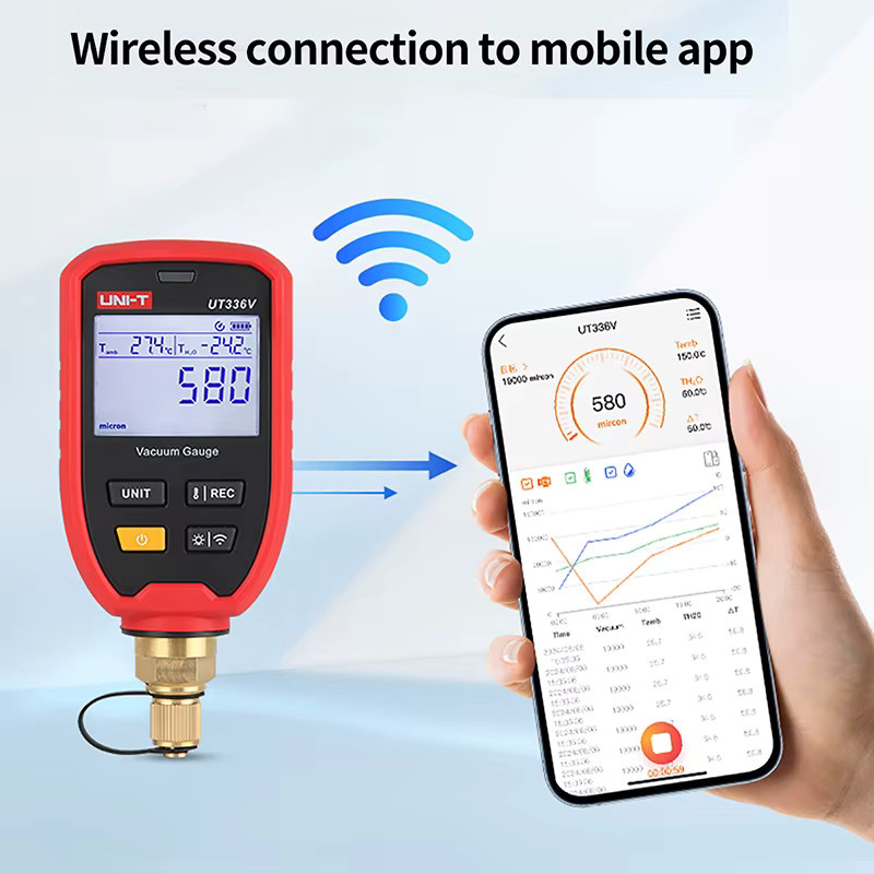 UNI-T Kabelloses digitales Vakuummessgerät UT336V in Rot mit Mobile APP-Verbindung für die HVAC-Kältetechnik (1-19000 Mikron) - Bild 5
