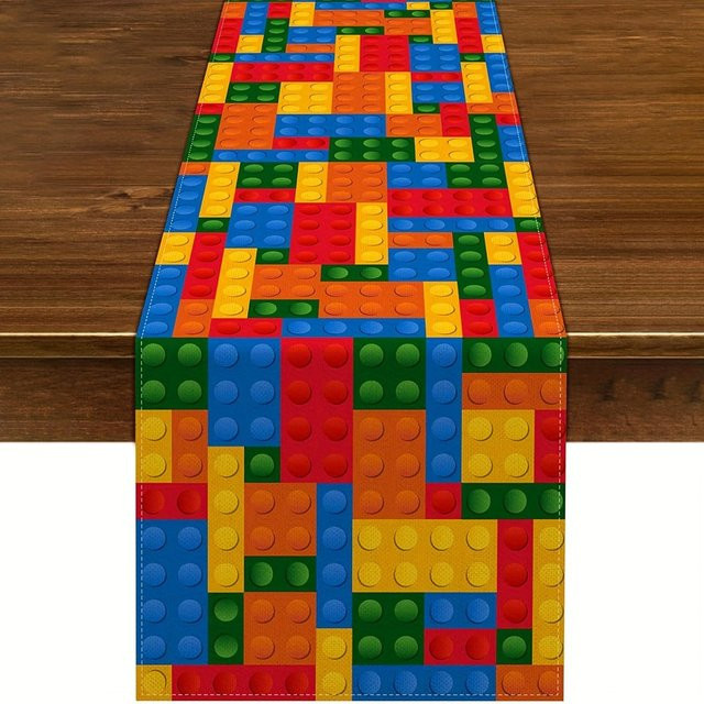 Bunter Tischläufer mit Bausteine-Motiv aus Leinen für Kindergeburtstage und Partys, Mehrfarbig, B/T: 150 x 30 cm - Bild 1
