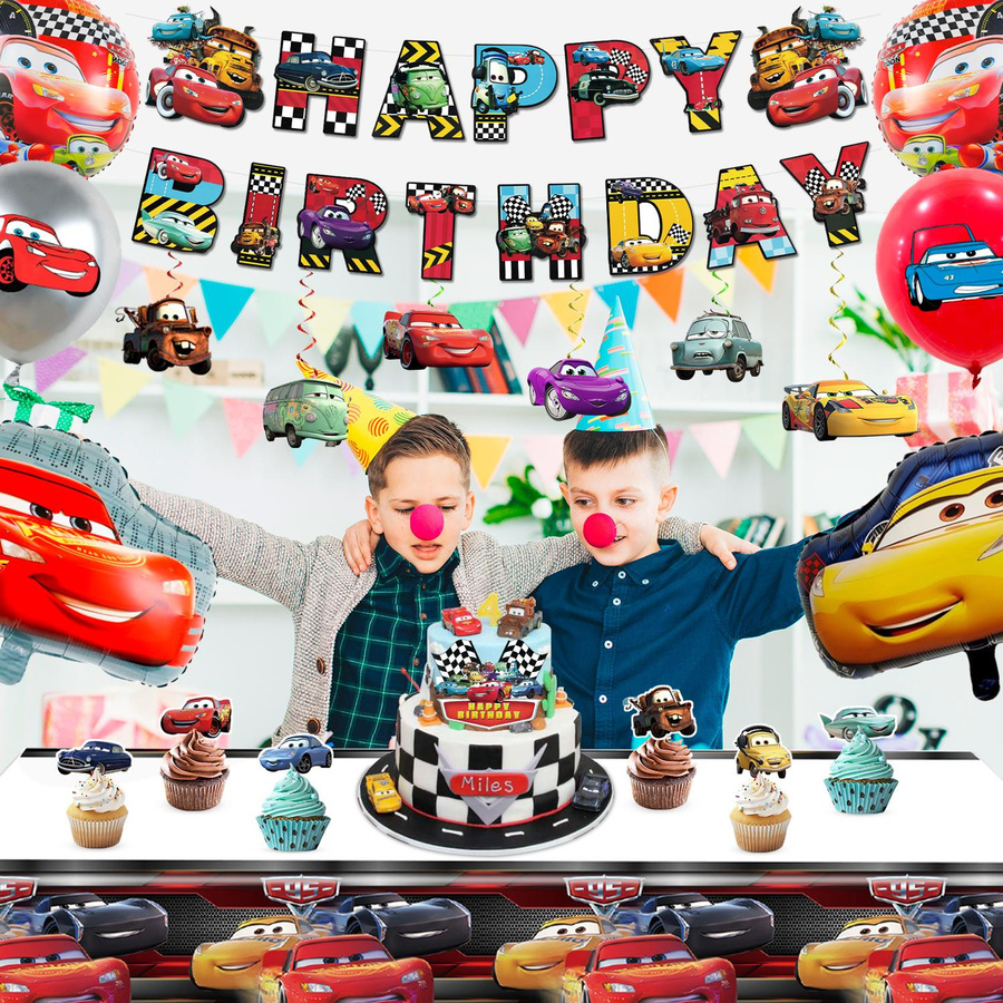 38-teiliges Cartoon Geburtstagsparty Dekorationsset von Party World in Schwarz und Rot mit Banner, Tischdecke, Ballons und Tortenaufsatz für Kinder - Bild 3
