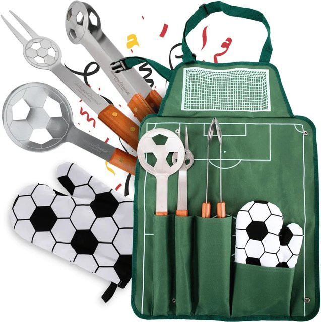 DELUKE Grillbesteck Set SOCCA in Silber und Multicolour mit Grillzange, Grillgabel, Grillwender, Grillhandschuh und Grillschürze - Bild 1