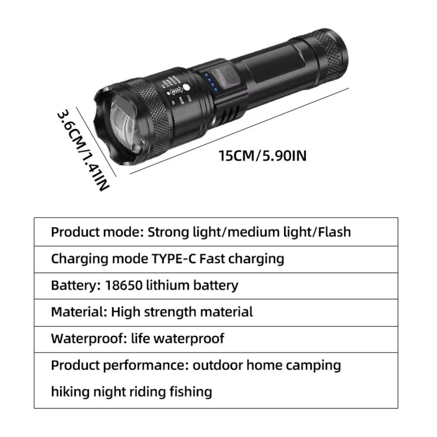 LONGRIVER LED-Taschenlampe aus Aluminium, wiederaufladbar via USB, wasserdicht und zoombar, Farbe: Schwarz - Bild 6