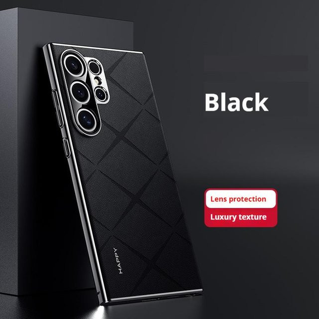 Luxuriöse Handyhülle mit Leder-Rückseite und galvanisierter harter PC-Abdeckung für Samsung Galaxy S25 Ultra Plus, S24 Ultra und Galaxy S25 in Schwarz - Bild 1