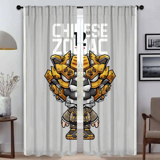 Zweiteiliges Fenster Vorhang Set mit den zwölf chinesischen Tierkreiszeichen in Weiß, Breite: 50 cm, Höhe: 70 cm pro Paneel - Bild 1