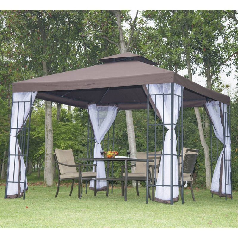 Outsunny Gartenpavillon mit Moskitonetzen und Seitenwänden, Partyzelt mit Doppeldach, Farbe Braun, B/H/T: 300 x 270 x 300 cm - Bild 4