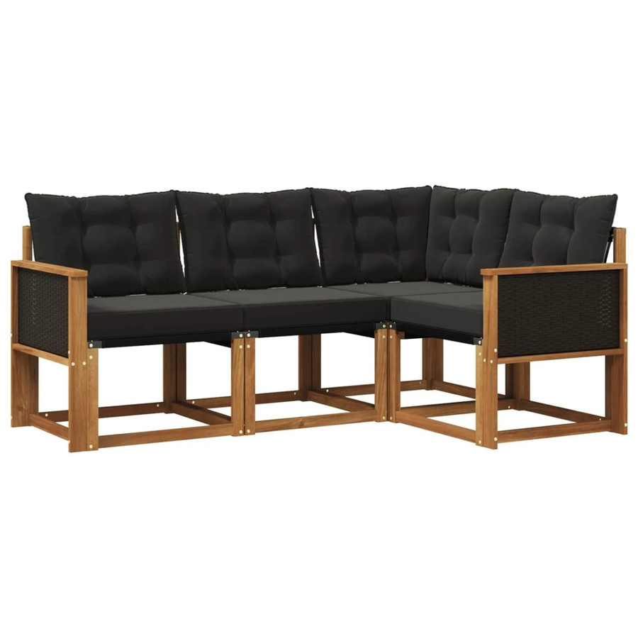 vidaXL Outdoor-Sofagarnitur L-Form aus massivem Akazienholz mit Textilene und Kissen in Schwarz und Natur - Bild 2