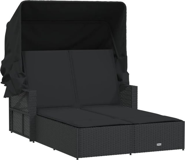 vidaXL Doppel-Sonnenliege aus Poly Rattan mit Sonnendach und Auflagen, Schwarz, B: 110 cm, L: 180-201 cm, H: 149 cm - Bild 1