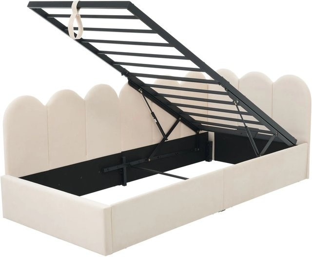 KOMHTOM Polsterbett als Tagesbett und Schlafsofa mit hydraulischem Stauraum aus Samt in Beige, B/T/H: 90 x 200 x 38 cm - Bild 1